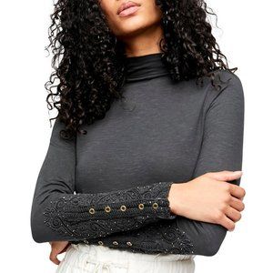 Free People Hooked On You Top Embroidered Cuff Mock Neck Long Sleeve We The Free